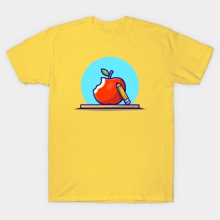 Apple with Pencil Cartoon Vector Icon Illustration T-Shirt